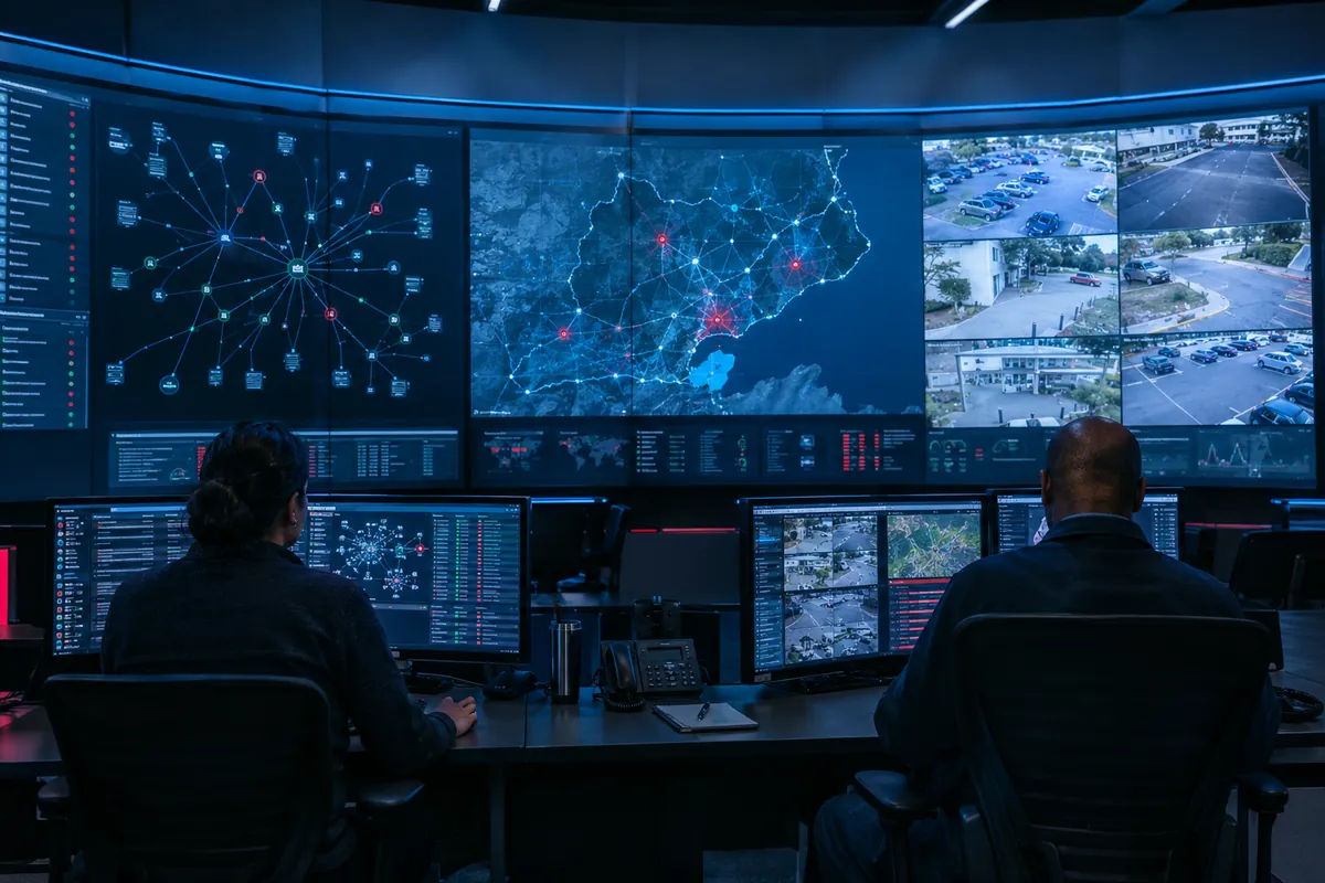Analysts at the Freedom Tech Network and Security Operations Center watching a wall of maps and live camera feeds