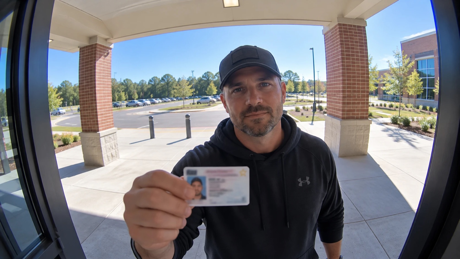 Doorbell camera view of a visitor holding up a driver's license at a school's front entrance